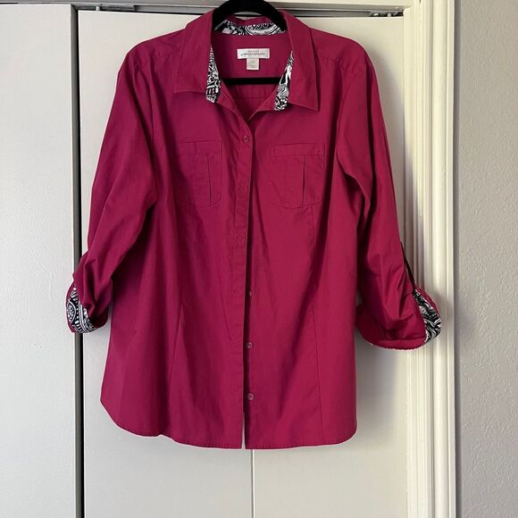 Christopher & Banks Magenta Button-Down Shirt‎ with Zebra Print Accent P/XL - Picture 1 of 5